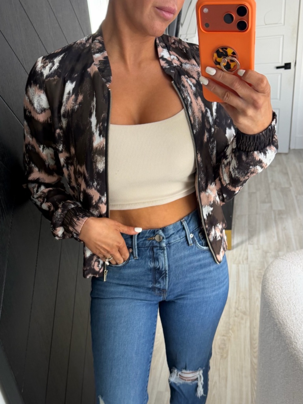 H&M Black & Blush Abstract Brushstroke Bomber Jacket